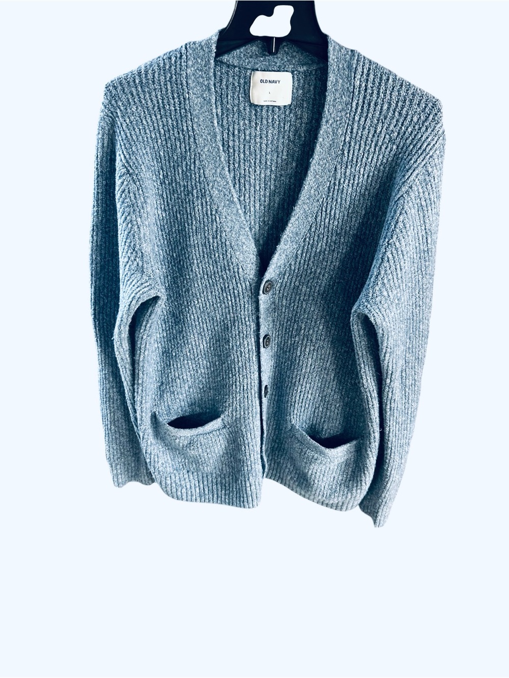 Old Navy Heathered Light Blue Ribbed Button Sweater With Pockets.